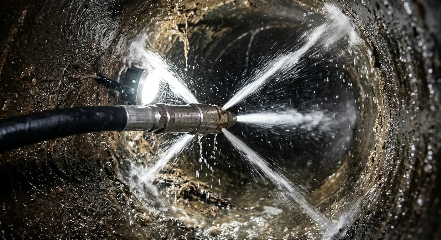 High-pressure hydro jetting nozzle cleaning sewer pipe for Emergency Drain Service in Robinson