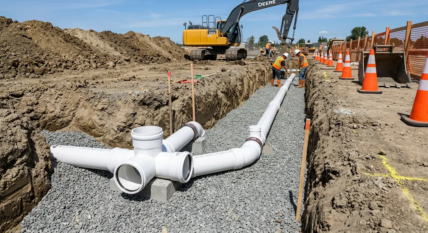 New PVC sewer pipe installation in open trench for Grease Trap Cleaning in Robinson